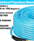Heavy Duty Reinforced Polyurethane Air Hose For Compressors 3/8 Inch By 25 Feet Flexible Abrasion Resistant Material With 1/4 Inch Swivel Quick Coupler And Plug Kit Made For Indoor Finishing Or Woodwork Tasks Daily Work Any Job Site Or Home. Coiled blue hose with 300 PSI and no kinking text