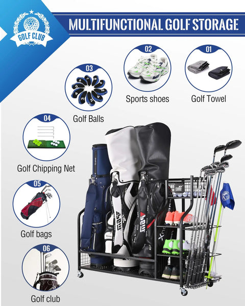 Image showcasing Boss Level Extra Large Golf Bag Storage Organizer holding 3 full-size bags, with shoe racks and hooks.