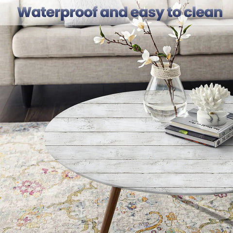 Shiplap Peel And Stick Wallpaper White Wood Plank Vinyl Wrap on round table with decor, easy cut and removable, DIY friendly.