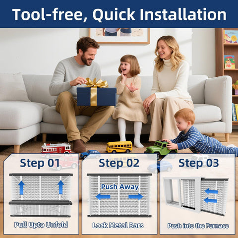 Family opening gift with toy cars showing 2 Pack 410 Replacement Air Filter MERV 11 16x25x4 steps for HVAC installation