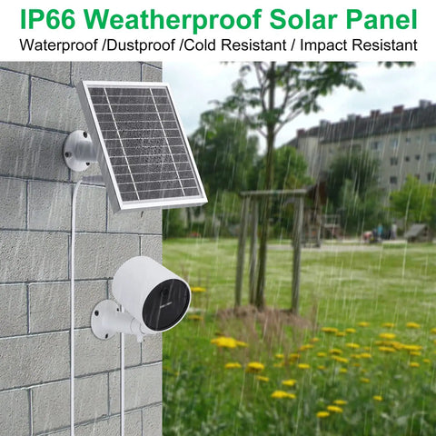 Solar Panel For Outdoor Security Camera Keeps Your SimpliSafe Outdoor Cam Juiced Round The Clock With Built In 2200mAh Battery Aluminum Alloy Frame Durable Silver Finish mounted on wall