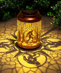 Boho Mosaic Solar Lanterns Outdoor Lights Blue Waterproof Table Lights casting patterns, copper tone glass, garden setting