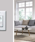 ECONOSwitch 7 Day Solar Programmable Switch installed on indoor wall, shown in a modern living room setting.