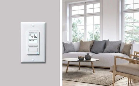 ECONOSwitch 7 Day Solar Programmable Switch installed on indoor wall, shown in a modern living room setting.