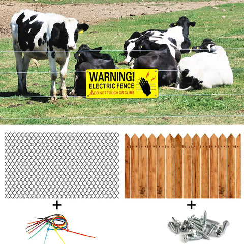 Reflective Aluminum Electric Fence Warning Signs, 8 Pack, 10 By 4 Inches, Weatherproof Outdoor Safety Signs For Farm And Home, UV Gloss Finish For Maximum Visibility And Durability on fence near cows