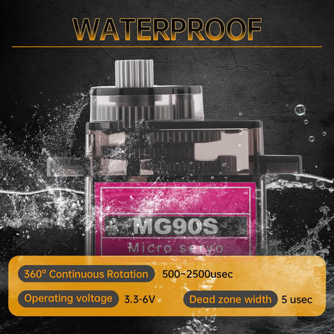 Close-up of waterproof MG90S Micro Servo Motor with metal gears, highlighting 360° rotation and voltage specs.