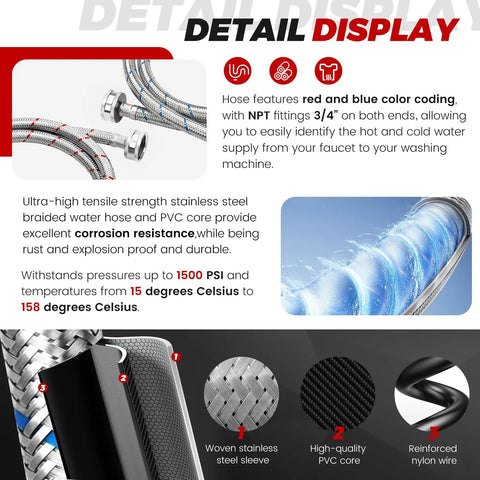 Detail display showing 6 Foot Stainless Steel Washing Machine Hose 2 Pack Burst Proof Braided Hoses For Hot And Cold Water Supply.