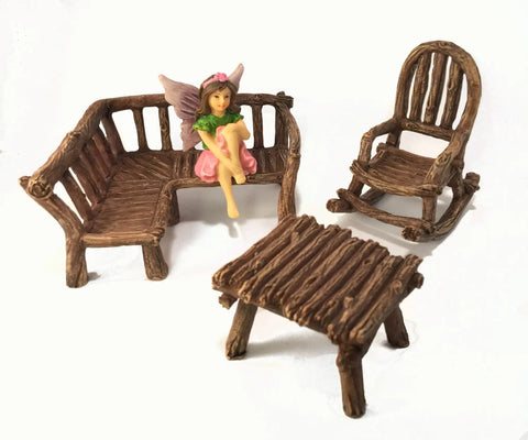Three Piece Fairy Garden Furniture Set With Rustic Wood Bench, Rocking Chair And Mini Table For Your Garden Fairies Made From Resin