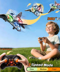 Child flying Mini Stunt RC Plane Drone With LED Lights, 2.4GHz Remote, Headless Mode, 360 Degree Flips, outdoors on grass.