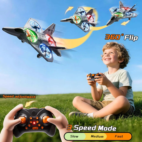 Child flying Mini Stunt RC Plane Drone With LED Lights, 2.4GHz Remote, Headless Mode, 360 Degree Flips, outdoors on grass.