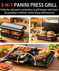 Stainless Steel 1000W Panini Press Grill And Sandwich Maker With Non Stick Plates Removable Drip Tray shown in 3-in-1 functions, including panini press and indoor grill.