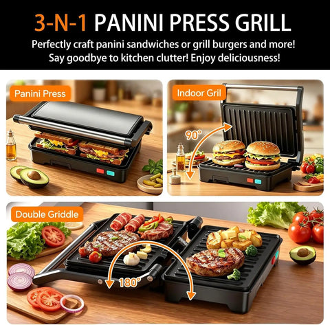Stainless Steel 1000W Panini Press Grill And Sandwich Maker With Non Stick Plates Removable Drip Tray shown in 3-in-1 functions, including panini press and indoor grill.