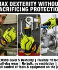 Worker using Rugged Extrication Gloves With Ultra Dexterity For Rescue Jobs, Grip-Ready Protection, EN 388 3X44EP, Hi-Vis Green, XL