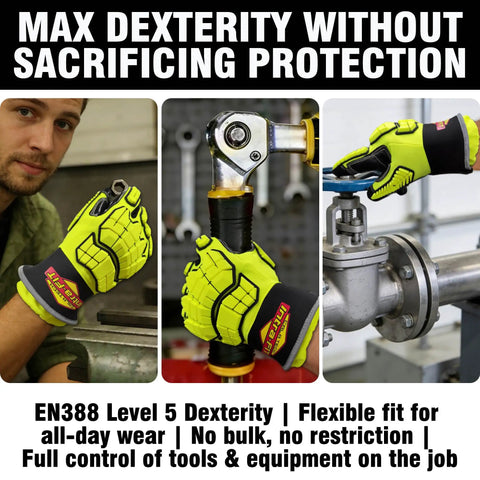 Worker using Rugged Extrication Gloves With Ultra Dexterity For Rescue Jobs, Grip-Ready Protection, EN 388 3X44EP, Hi-Vis Green, XL
