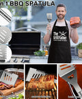 Man holding 4-in-1 BBQ spatula 19Pcs Fathers Day BBQ Grill Tools Set With Apron Portable Bag Heavy Duty Stainless Steel Utensils