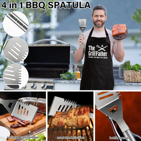 Man holding 4-in-1 BBQ spatula 19Pcs Fathers Day BBQ Grill Tools Set With Apron Portable Bag Heavy Duty Stainless Steel Utensils