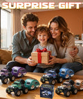 Family with child holding gift, surrounded by various colored Mini 1 64 Scale RC Truck With Detachable Trailer 2.4GHz models.