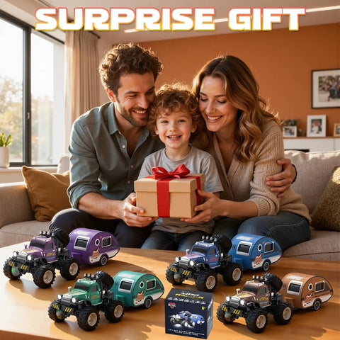 Family with child holding gift, surrounded by various colored Mini 1 64 Scale RC Truck With Detachable Trailer 2.4GHz models.