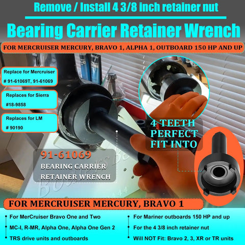 Heavy Duty Marine Lower Unit Repair Kit Featuring Rock Solid Three Piece Bearing Carrier Puller And Drive Shaft Retainer Wrench Set For No Sweat Outboard Servicing, showing bearing carrier retainer wrench for 4 3/8 inch nut