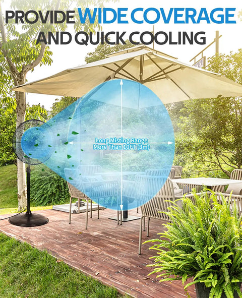 Outdoor Misting Fan Kit For Patio And Backyard Cooling With A 16.4 Foot Misting Line Five Brass Nozzles And Three Quarter Inch Brass Adapter Easily Attaches To Your Fan For Poolside Relaxation And Summer Chill on patio with table and umbrella
