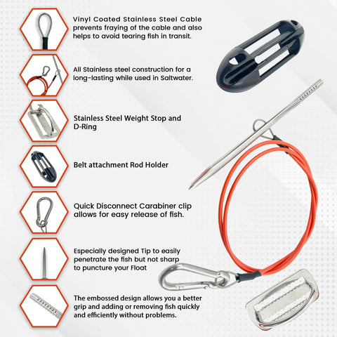 Spearfishing Stringer For Fish With 33 Inch Coated Stainless Cable And Heavy Duty Carabiner Belt Attachment components