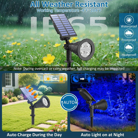 Blue Solar Spotlight Kit Two Pack Outdoor Landscape Lighting IP65 Waterproof 200LM Adjustable Auto On Off Quick Set, day and night use images