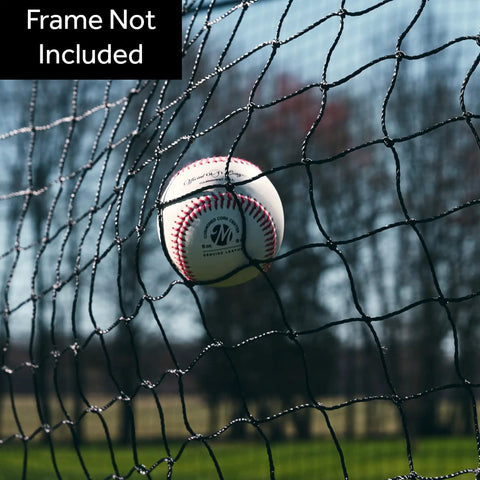 Close-up of baseball in 40 Foot Batting Cage Net Stand Alone Net Only For Backyard Baseball And Softball Practice Professional Grade Netting Home Cage Equipment Frame Not Included