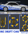 Side view of LDRC LD1899 1/18 RC Drift Car Nissan Skyline GTR R34 RWD with drift pattern illustrations and text in the background