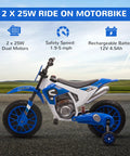 12V Kids Motorcycle With Treaded Tires And Soft Start For Smooth Rides 5 Mph Top Speed Ride On Electric Bike For Kids, Blue