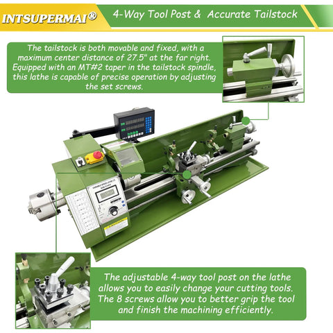 Intsuprm Mai 8 X 29.5 Inch Mini Metal Lathe Dual Chuck Double Head With Digital Readout Auto Feed High Precision Engine Turning Machine for precise machining with adjustable 4-way tool post.