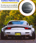 Rear view of white car with Dope Carbon Fiber Look License Plate Frame 2 Pack For Front And Rear Mounts Black ABS Plastic
