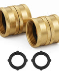 Heavy Duty 3/4 Inch Solid Brass Garden Hose Connector Set With Double Female Ends And Spare Washers, showcasing brass fittings and black washers.
