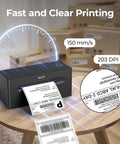 Wireless Bluetooth Thermal Label Printer Covers 4X6 Shipping Labels On The Fly with fast printing speed at 150 mm/s.
