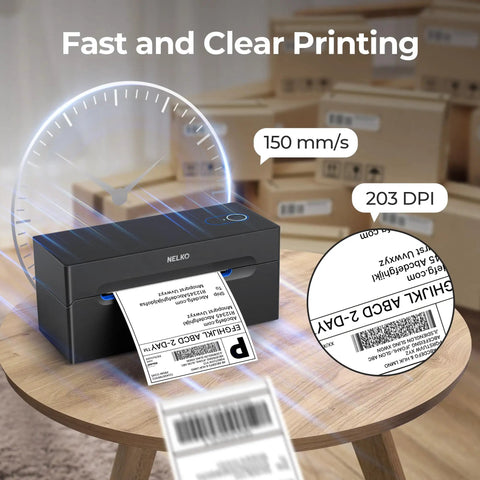 Wireless Bluetooth Thermal Label Printer Covers 4X6 Shipping Labels On The Fly with fast printing speed at 150 mm/s.