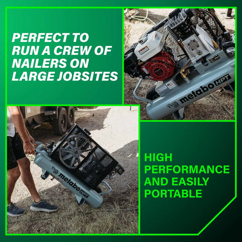 The Tank XL 9-Gallon Gas Wheelbarrow Air Compressor With Honda GX200 Engine, shown in use on a job site.