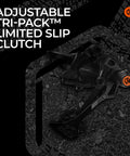9 X-Wide Rear Derailleur For Mountain Bikes With Rugged Hanger Non Direct Mount Gloss Onyx Black Finish Sealed Bearing Pulleys Featuring 3D Forged Linkages Carbon Nylon Knuckle Pivot Tech Cable Stay Tri Pack Clutch on black background