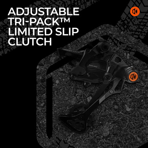 9 X-Wide Rear Derailleur For Mountain Bikes With Rugged Hanger Non Direct Mount Gloss Onyx Black Finish Sealed Bearing Pulleys Featuring 3D Forged Linkages Carbon Nylon Knuckle Pivot Tech Cable Stay Tri Pack Clutch on black background