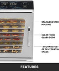 Built Tough Workhorse Commercial Food Dehydrator With Ten Mesh Trays Supplying Fourteen Square Feet Of Drying Space and clear-view glass door.