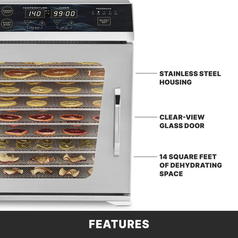 Built Tough Workhorse Commercial Food Dehydrator With Ten Mesh Trays Supplying Fourteen Square Feet Of Drying Space and clear-view glass door.