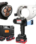 Heavy Duty 4 Inch Electric Battery Powered Ratcheting Cable Cutters with wire and battery pack, perfect for cutting armored cables.
