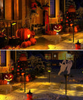 Halloween path lit by 4-Pack 150 Lumen Solar Pathway Lights, pumpkins and decorations enhancing garden walkway decor