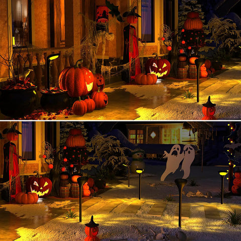 Halloween path lit by 4-Pack 150 Lumen Solar Pathway Lights, pumpkins and decorations enhancing garden walkway decor