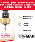 82 Degree Countersink With Depth Stop And No Thrust Ball Bearing, Quick Release Hex Shank, carbide tipped, no burn, no mar