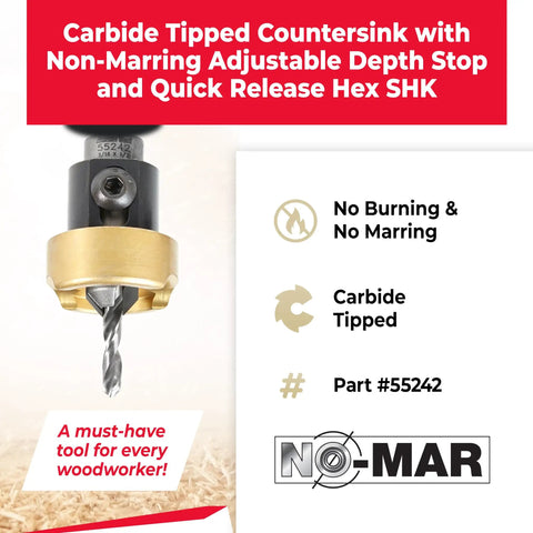 82 Degree Countersink With Depth Stop And No Thrust Ball Bearing, Quick Release Hex Shank, carbide tipped, no burn, no mar