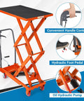 Heavy Duty Double Scissor Hydraulic Lift Table Cart Built Tough For Shop Floors. Features hydraulic foot pedal and convenient handle control.