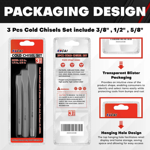 Heavy Duty Cold Chisel Set Three Piece 3/8 1/2 5/8 Inch For Carpentry, Metalworking, Woodworking, And Masonry Work Built For Tough Jobs Chrome Vanadium Steel 54 58 HRC Hardness For Long Lasting Performance packaged with descriptions of sizes and materials.