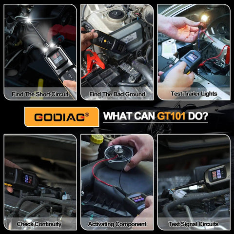 Power Circuit Probe Kit And Tester For 6V To 24V DC Systems in use detecting electrical issues in car engine compartments.