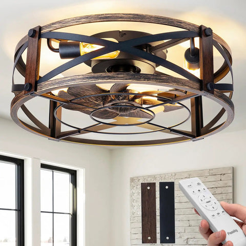 20 Inch Farmhouse Flush Mount Ceiling Fan With Lights And Remote shown with industrial black cage fandelier in a room setting.
