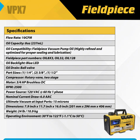 Fieldpiece VPX7 vacuum pump, portable yellow HVAC tool, 10 CFM