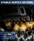 Close-up of pistons in a car engine demonstrating efficient combustion with flames, for Electric Fuel Pump Drop In Replacement.